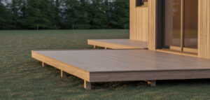 Fotorealistiskt foto av en träaltan vid ett modernt hus, med fokus på enkelhet och minimalistisk design.