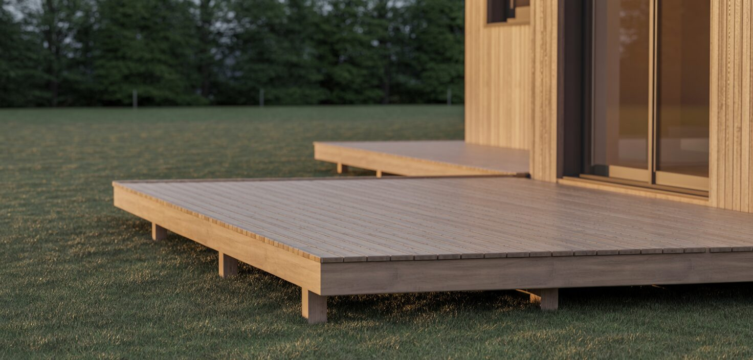 Fotorealistiskt foto av en träaltan vid ett modernt hus, med fokus på enkelhet och minimalistisk design.