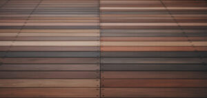 Närbild av kärnfurutrall med tydlig ådring i solljus, med fokus på träets naturliga struktur.