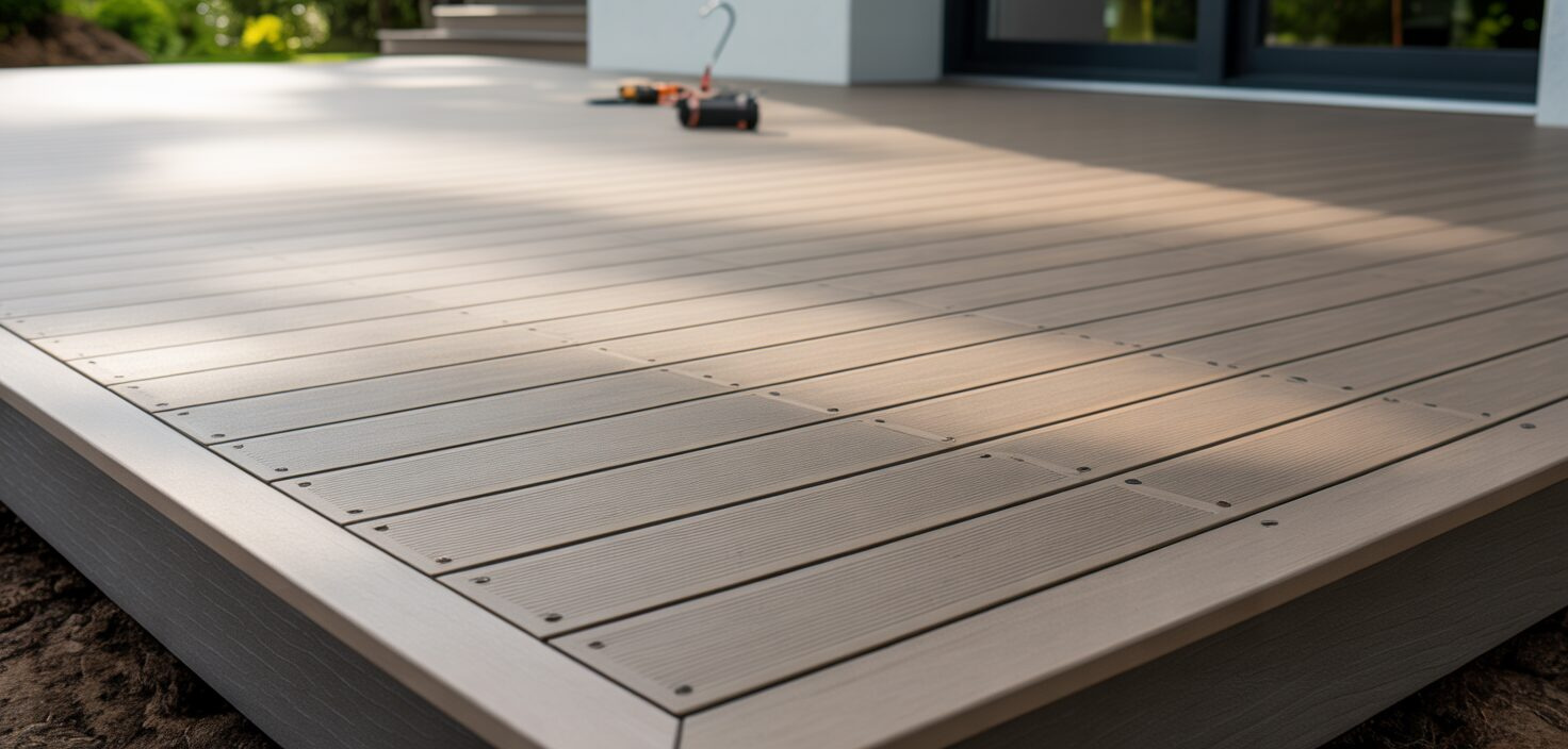 Fotorealistiskt foto av en kompositdäck med dold infästning, fri från synliga skruvar.