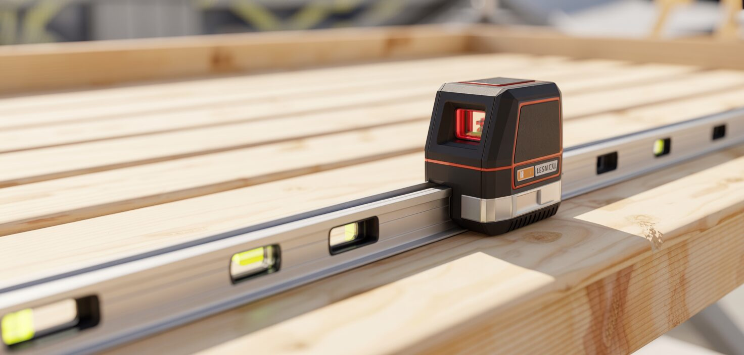 Lasernivå på altanbygge, fotorealistiskt foto, fokus på precision och rena linjer.