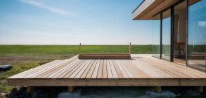 Lovfri altan vid huset, minimalistisk design, trätrall, glassräcke, solljus.