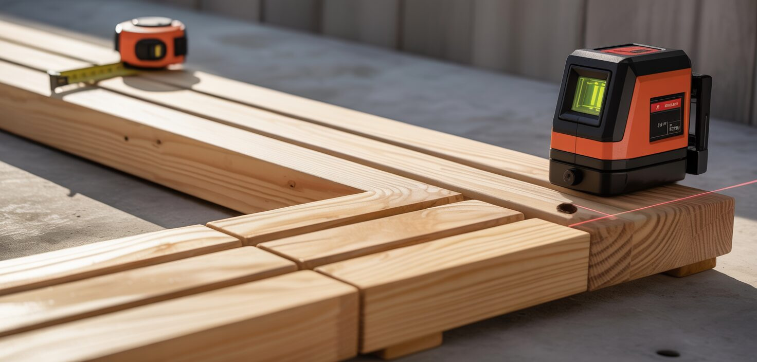 Precisionsmätning av altan med laserpass utomhus.