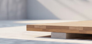 Fotorealistiskt foto av minimalistisk träaltan med betongplint.