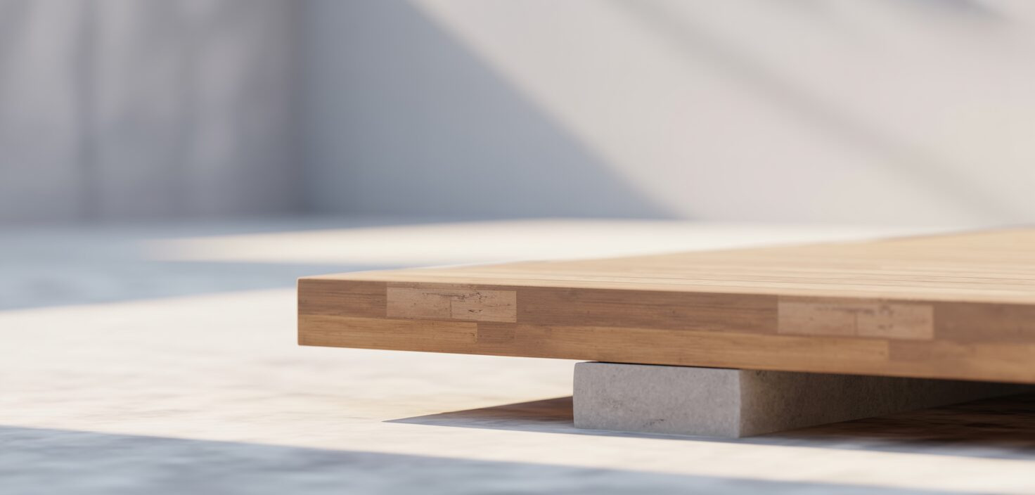 Fotorealistiskt foto av minimalistisk träaltan med betongplint.