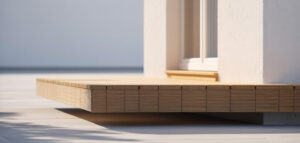 Minimalistisk altan med ribbverk i trä, fotograferat i starkt solljus. Enkel och ren design.