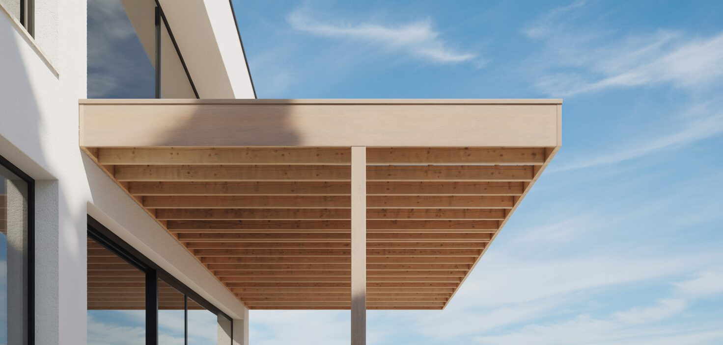 Fotorealistiskt foto av en minimalistisk altan i trä mot ett vitt hus, med fokus på design och rena linjer.