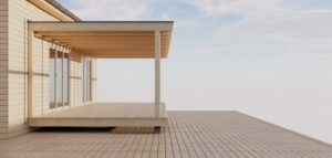 Fotorealistiskt foto av en modern altan i trä i minimalistisk stil