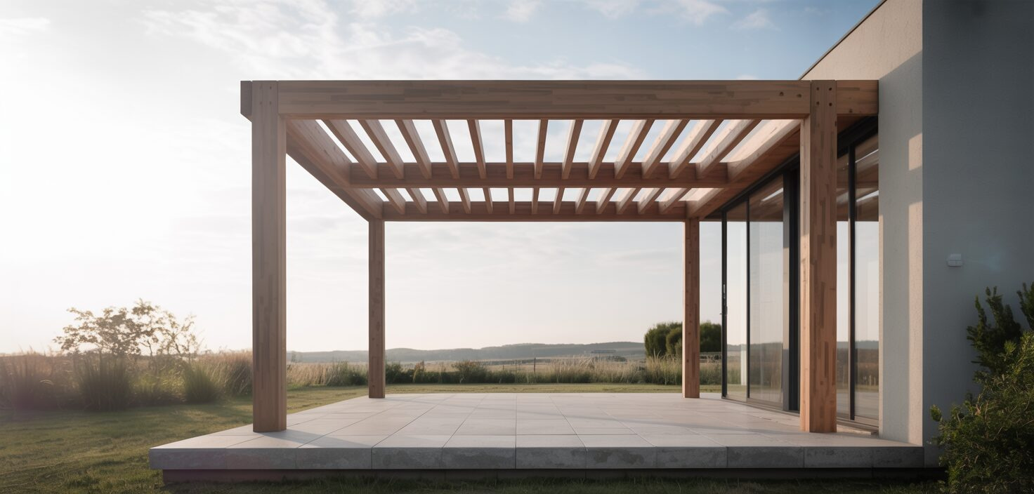 Fotorealistiskt foto av minimalistisk pergola på altan, utan tak, med modern design.
