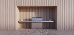 Fotorealistiskt fotografi av ett minimalistiskt utekök med en grill på en träterrass i solen.