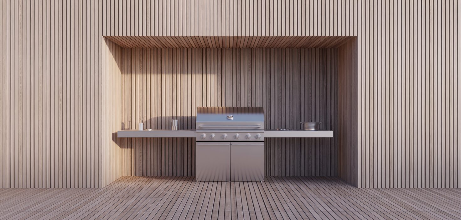 Fotorealistiskt fotografi av ett minimalistiskt utekök med en grill på en träterrass i solen.