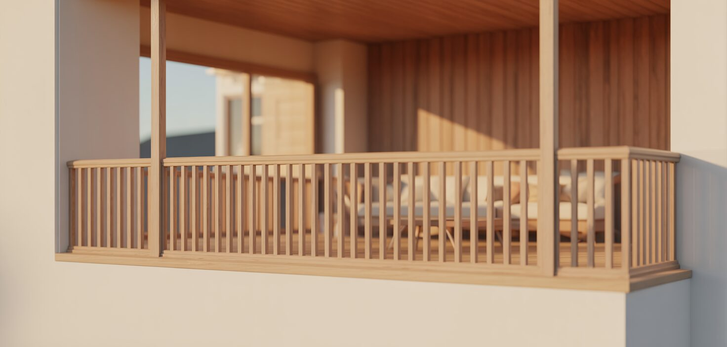 Fotorealistiskt foto av ett modernt altanräcke i trä med vertikala spjälor, fångat i solljus.