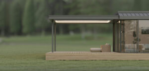 Fotorealistisk bild av modernt hus med altan och inglasad veranda i minimalistisk stil.