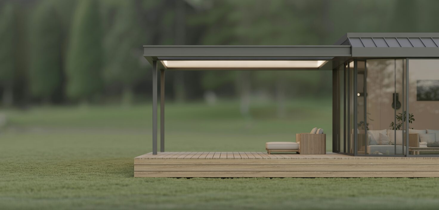 Fotorealistisk bild av modernt hus med altan och inglasad veranda i minimalistisk stil.