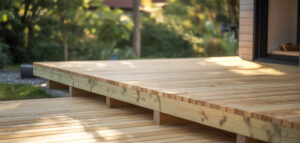 Nybyggd altan i trä, fotograferad i solljus. Visar detaljer i trä, minimalistisk design.
