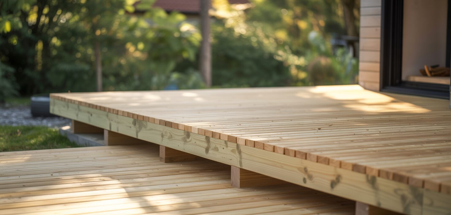 Nybyggd altan i trä, fotograferad i solljus. Visar detaljer i trä, minimalistisk design.