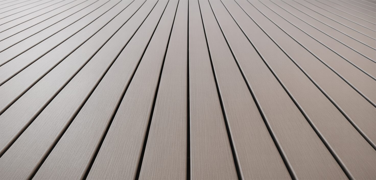 Rent komposit-trall med ljusa plankor i solljus.
