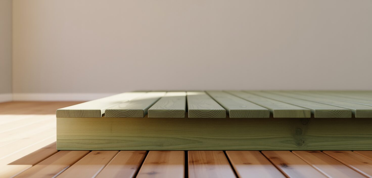 En närbild av tryckimpregnerat trallvirke, nyinstallerat med synlig ådring.