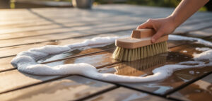 Närbild av trätrall som tvättas med såpa och borste, som representerar altan skötsel.