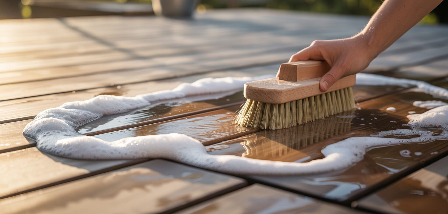 Närbild av trätrall som tvättas med såpa och borste, som representerar altan skötsel.